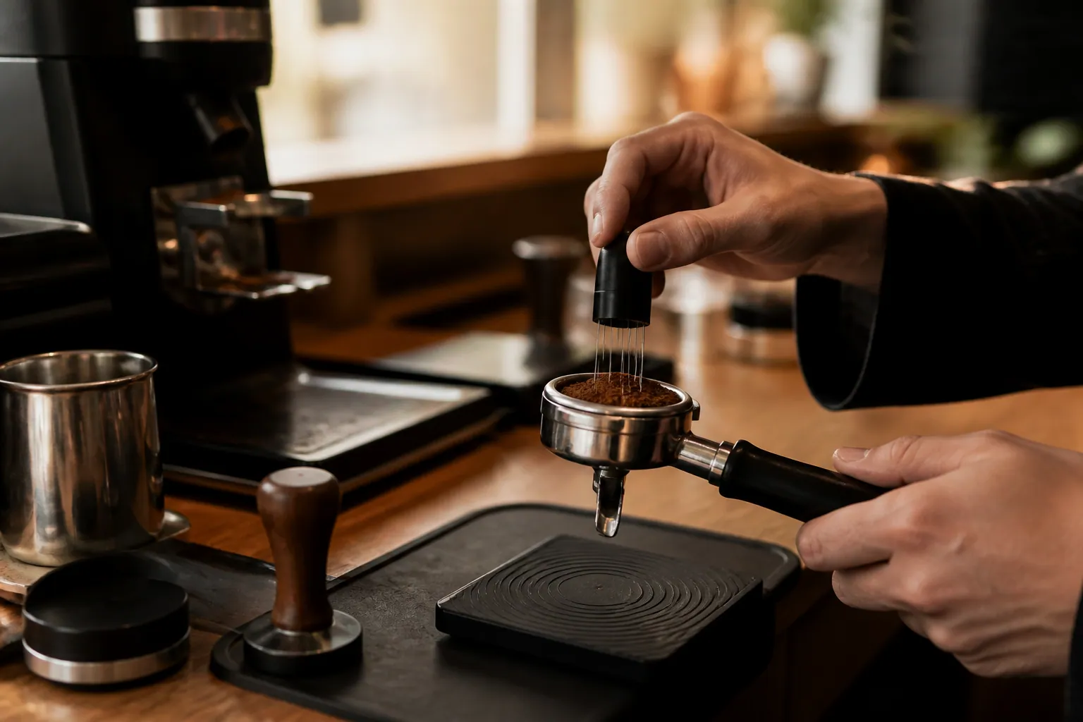 Dosing and levelling coffee at the grinder