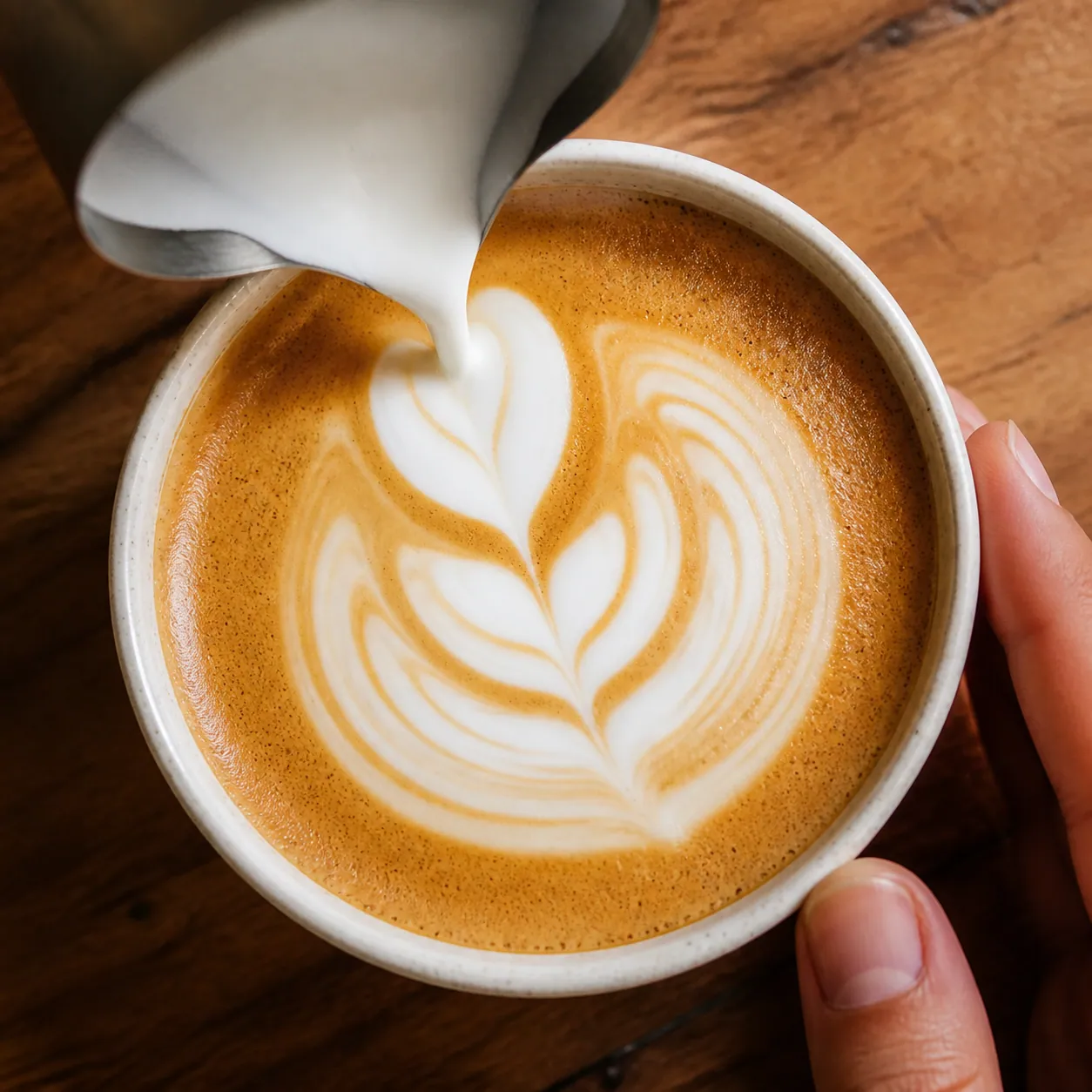 Milk being poured into a cappuccino